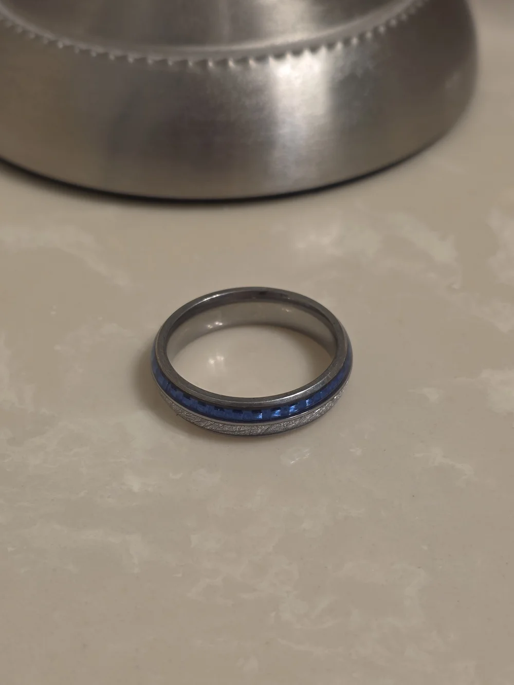 Men's Brushed Silver and Blue Jeweled Ring Band Size 10